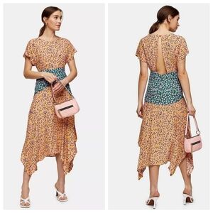 Topshop Floral Colorblock Midi Dress US 10 Open Back Keyhole Handkerchief Hem